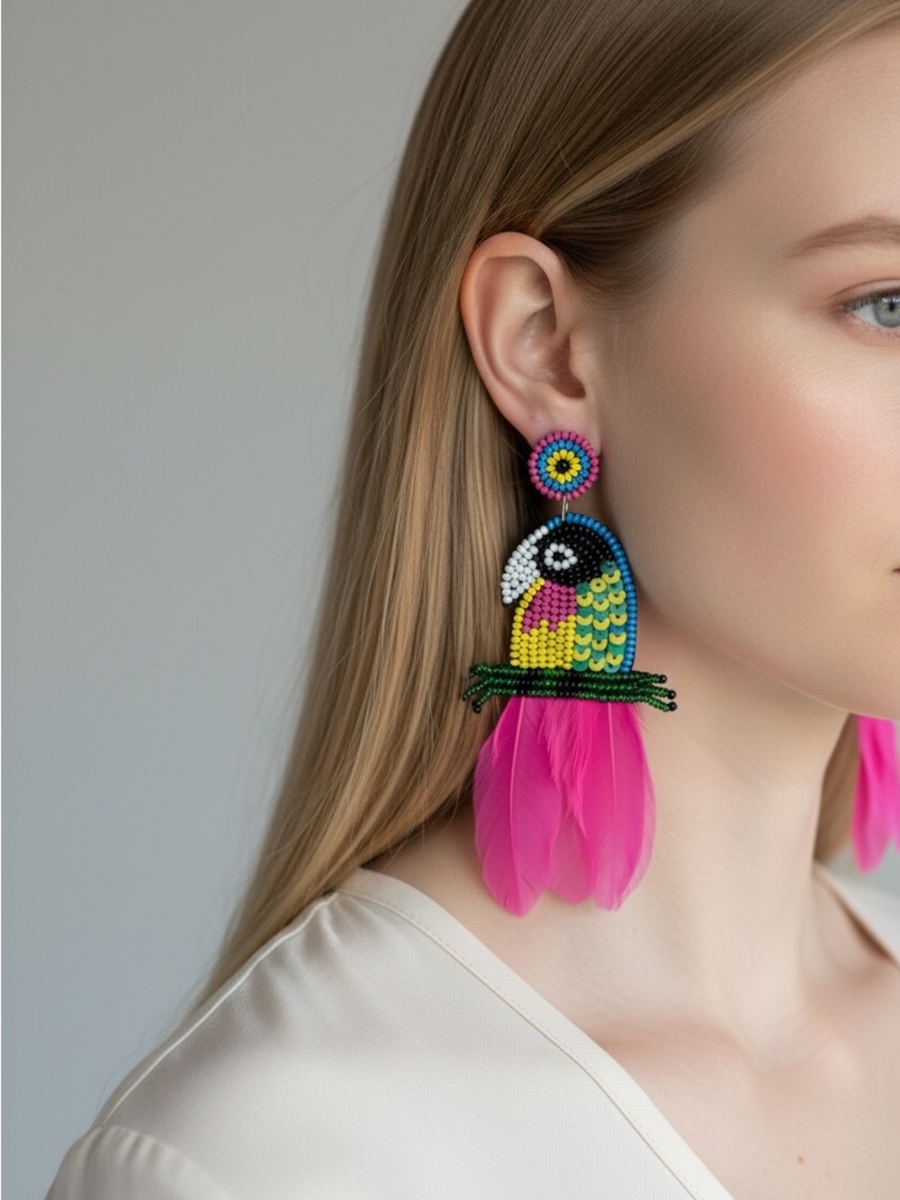 10/2 Colorful Beaded Parrot Drop Earrings with Pink Feathers